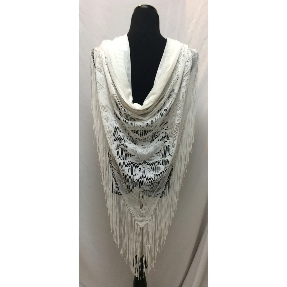 VTG Elvin White Lace Triangle Shawl Fringe Floral Net Wrap Scarf Made in Japan